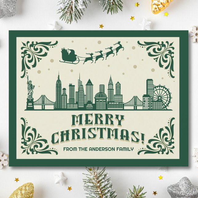 New York City Skyline Weihnachtsfeiertag Postkarte (New York, NY NYC skyline christmas card green modern merry christmas postcard with custom details)