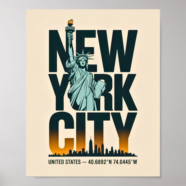 New York City Typografy Statue of Liberty Skyline Poster (Vorne)