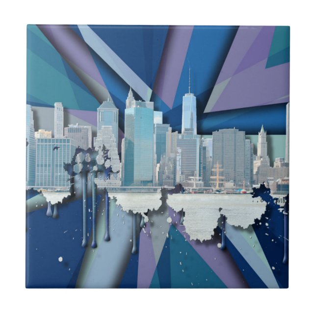 New- York CitySkyline | blaues 3D Fliese (Vorderseite)