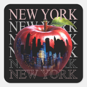 New York Der Große Apfel Frucht Silhouette Stadt Quadratischer Aufkleber