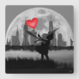 NEW YORK Full Moon Girl Herzballon Wall Clock Quadratische Wanduhr