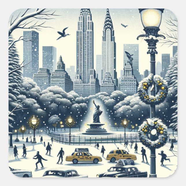 New York Holiday Elegance - Anpassbare Weihnachten Quadratischer Aufkleber (Vorderseite)