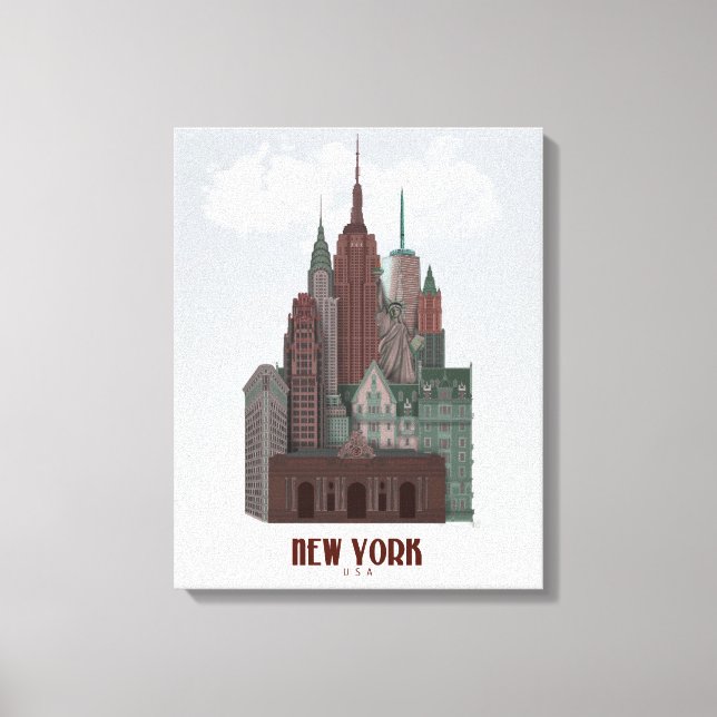 New York in Wolken - Dunkelrot und grün Leinwanddruck (Vorderseite)
