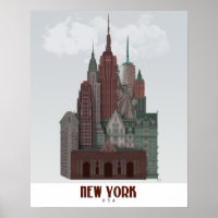 New York in Wolken - Dunkelrot und grün