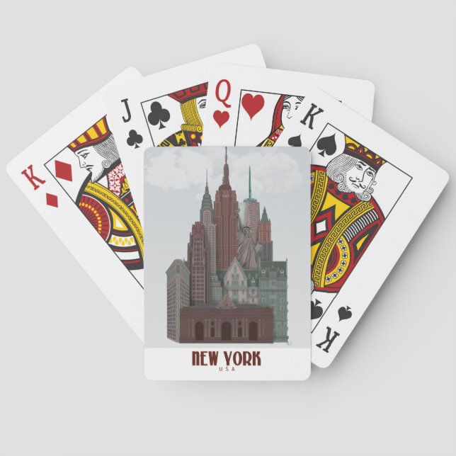 New York in Wolken - Dunkelrot und grün Spielkarten (Rückseite)
