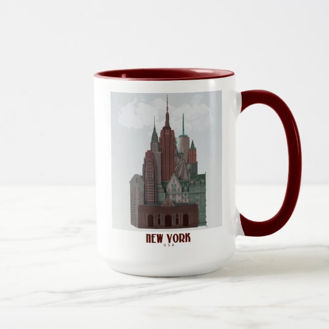 New York in Wolken - Dunkelrot und grün Tasse (Rechts)
