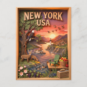 New York Lake Mountain Sonnenuntergang Texturierte Postkarte
