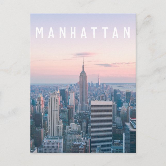 New York Manhattan Text Pink Blue Skyline Sunset Postkarte (Vorderseite)