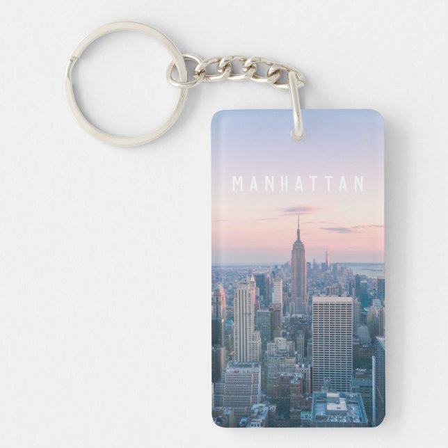 New York Manhattan Text Pink Blue Skyline Sunset Schlüsselanhänger (Vorderseite)