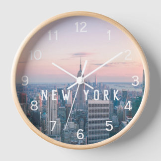 New York Manhattan Text Pink Blue Skyline Sunset Uhr