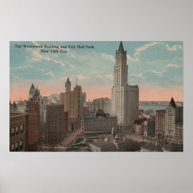 New York, NY - Woolworth Gebäude und City Hall Poster (Vorne)
