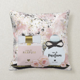 New York Parfüm Flaschen Gold und Blush Pink Roses Kissen