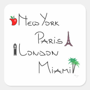 New York, Paris, London, Miami Quadratischer Aufkleber