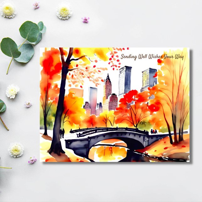 New York Park Wasserfarbenfrohe Wünsche Postkarte (New York central park in autumn watercolor well wishes postcard bridge over river yellow trees)