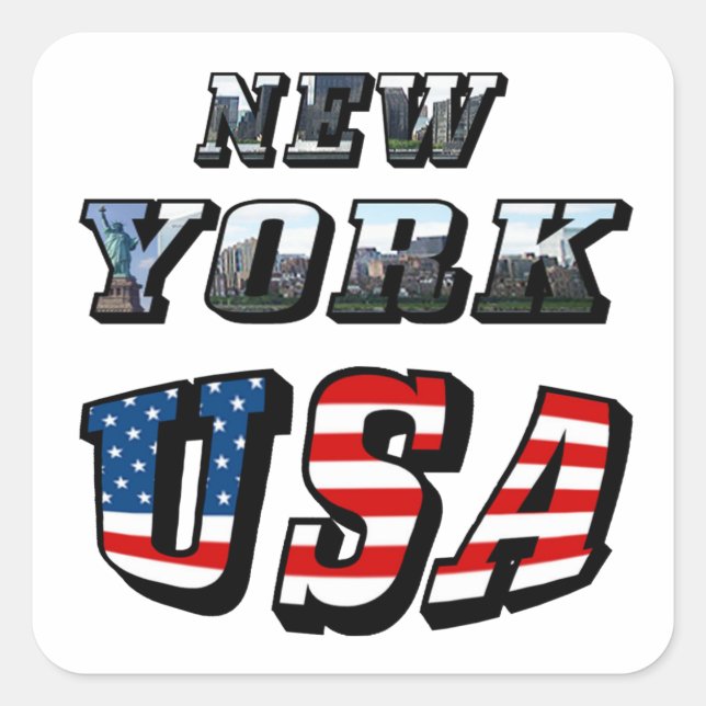New York Picture and USA Flag Text Quadratischer Aufkleber (Vorderseite)