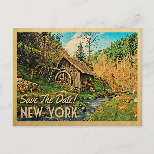 New York Save the Date Rustikale Kabine Mill Woods Ankündigungspostkarte (Vorderseite)