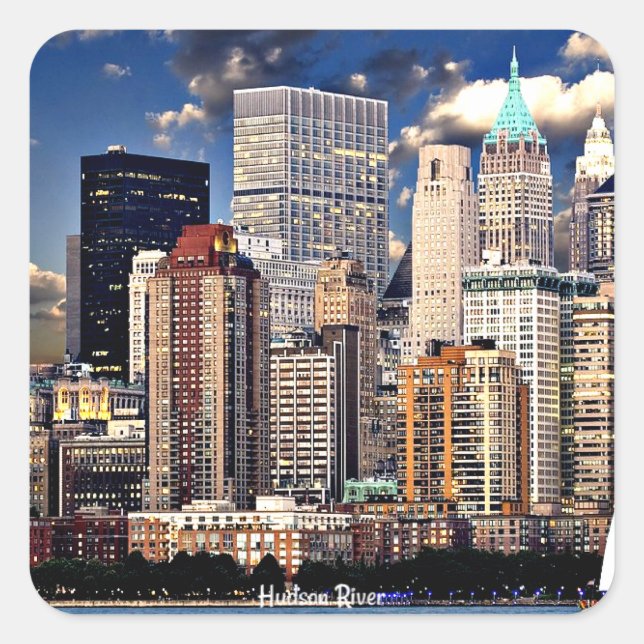 New York Skyline, Hudson River, Quadratischer Aufkleber (Vorderseite)