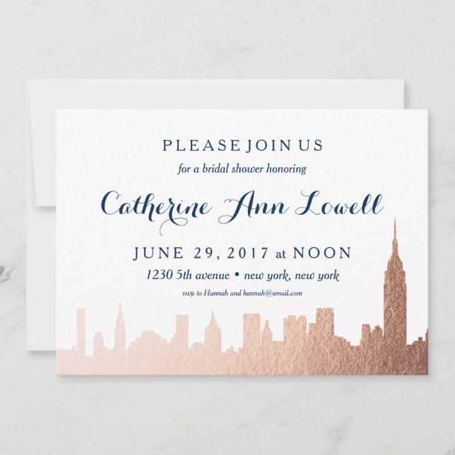 New York Skyline Imitats Rose Gold Brautparty Einladung (Vorderseite)