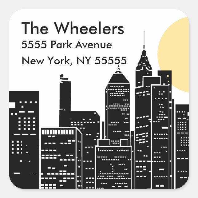 New York Skyline Silhouette Address Label Quadratischer Aufkleber (Vorderseite)