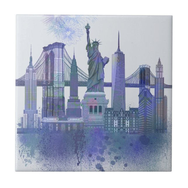 New York Skyline - Watercolor Blue Fliese (Vorderseite)