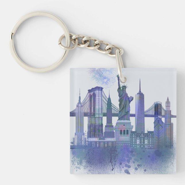 New York Skyline - Watercolor Blue Schlüsselanhänger (Vorderseite)