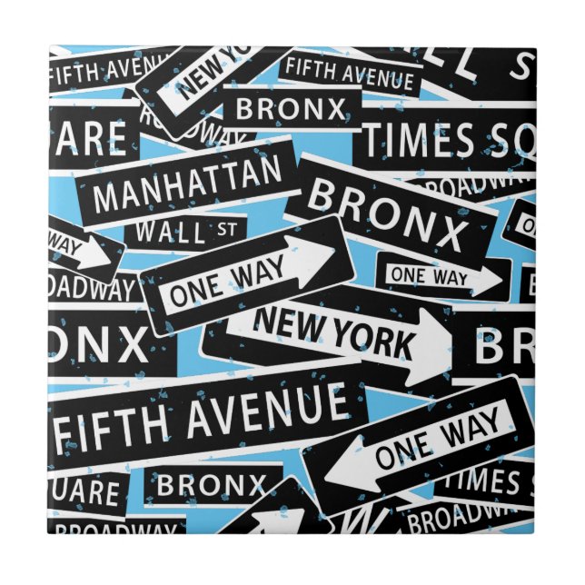 New York Street Signs Schwarz-weiß Blue Fliese (Vorderseite)