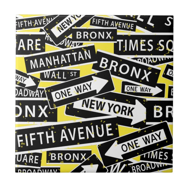 New York Street Signs Schwarz-weiß Gelb Fliese (Vorderseite)