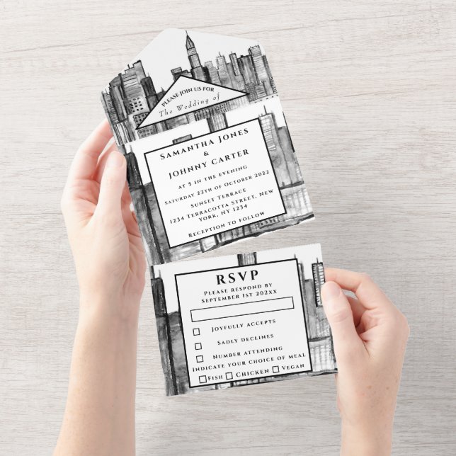 New York UAWG Black and White Modern Wedding All In One Einladung (Abreißen)