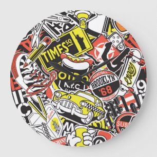 New York urban: Aufkleberpatchwork. Große Wanduhr