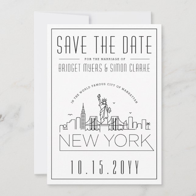 New York Wedding | Stilisierte Skyline Save the Da Einladung (Vorderseite)