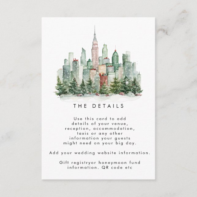 New York Winter Hochzeit Details Karte (Vorderseite)
