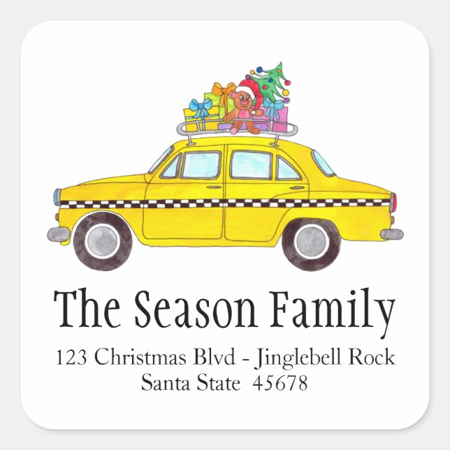 New York Yellow Cab Taxi mit Weihnachtsgeschenken Quadratischer Aufkleber (Vorderseite)