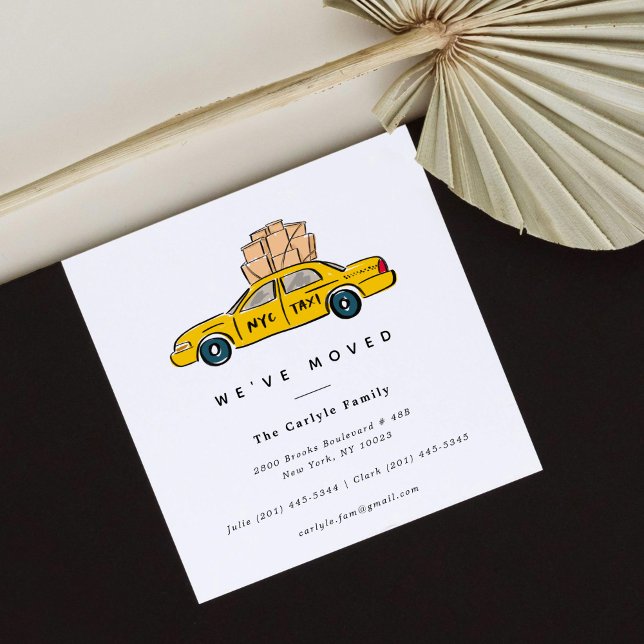 New York Yellow Taxi Square Ankündigungen (Hand-drawn NYC yellow taxi illustration for a square New York City moving announcement card.)