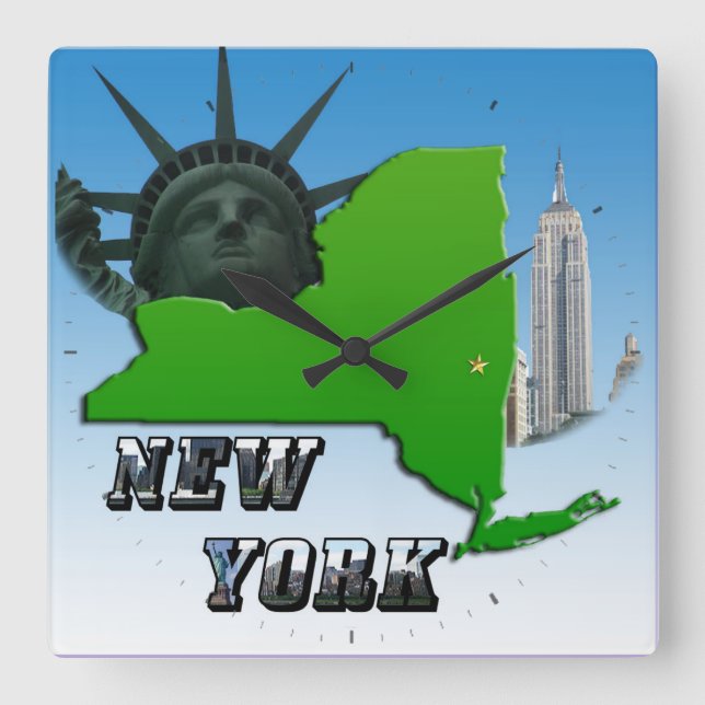 New Yorker Karte, Freiheitsstatue, Denkmal Quadratische Wanduhr (Vorderseite)