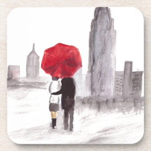 New Yorker Liebespaar mit rotem Regenschirm Aquare Untersetzer