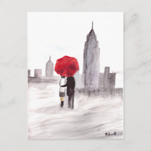New Yorker Liebespaar mit rotem Regenschirm Postkarte