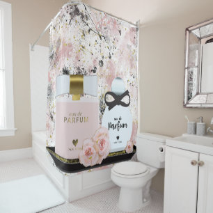 New Yorker Parfümflaschen Gold & Blush Rosa Rosen Duschvorhang