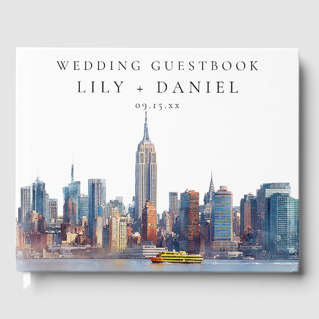 New Yorker Skyline Aquarell-Hochzeit Gästebuch (Vorderseite)