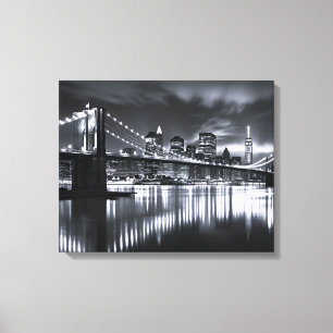 New Yorker Skyline Brooklyn Bridge Monochrom Nacht Leinwanddruck