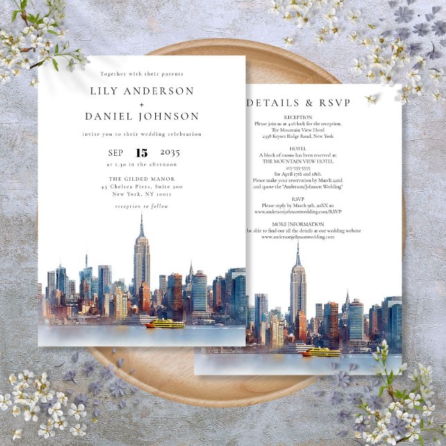 New Yorker Skyline-Zielort in einer Hochzeit Einladung (New York Skyline Destination All In One Wedding Invitation)