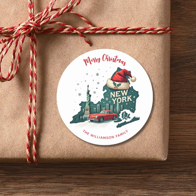 New Yorker Staat Frohe Weihnachten Custom Holiday Runder Aufkleber (Edit text to personalize.  Matching items available in collection)