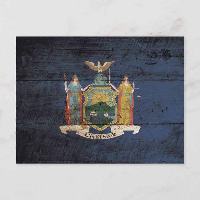 New Yorker Staatsflagge auf altes Holzkörnchen Postkarte (Vorderseite)