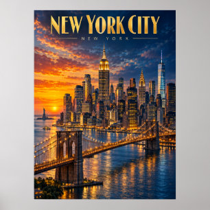 New Yorker Stadt Golden Skyline Sonnenuntergang Re Poster