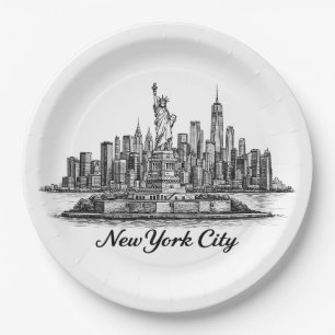 New Yorker Stadt Skyline Line Art Illustration Pappteller