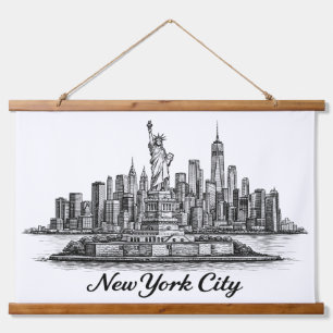 New Yorker Stadt Skyline Line Art Illustration Wandteppich Mit Holzrahmen