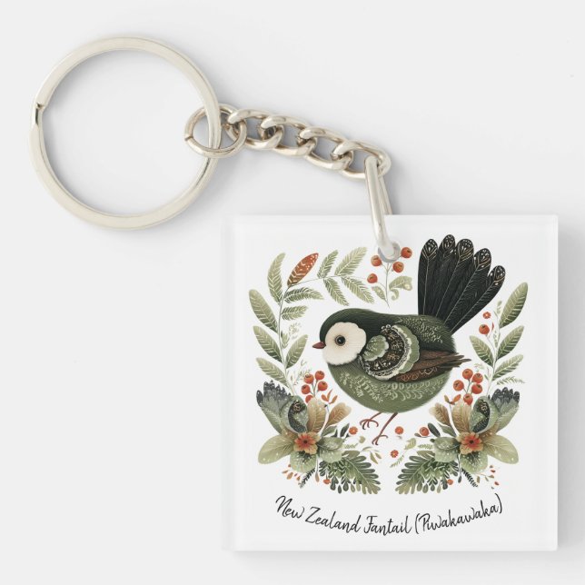 New Zealand Fantail Folk Art Schlüsselanhänger (Vorderseite)