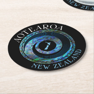 NEW ZEALAND KORU MAP PAUA RUNDER PAPPUNTERSETZER
