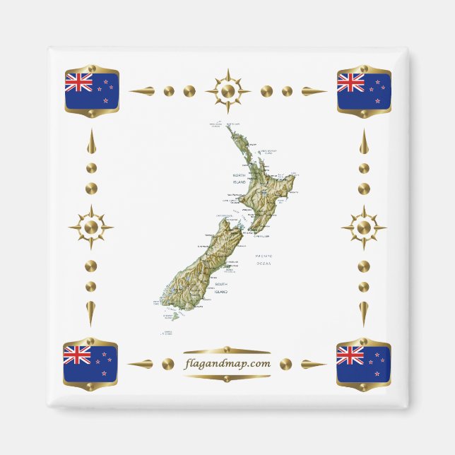 New Zealand Map + Flags Magnet (Vorne)