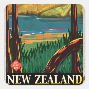New Zealand Vintage Travel Poster Quadratischer Aufkleber