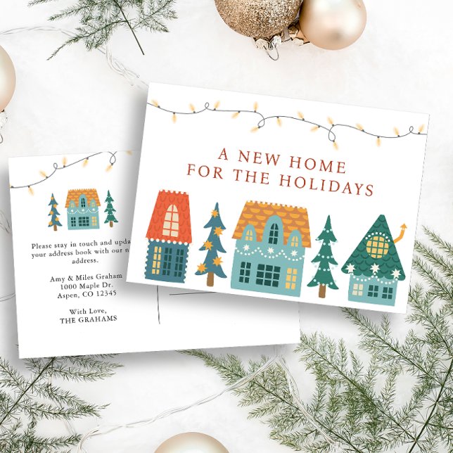 New Zuhause Holiday Postkarte (A New Home For The Holidays Postcard with cute retro houses)